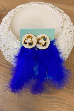 Pendientes Aplicación Blanca y Dorada y Plumas Azul Klein